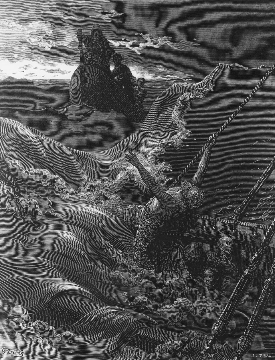 O marinheiro, enquanto seu navio afunda, vê o barco com o Eremita e o Piloto, cena de "O Tempo do Ancião Marinheiro", de ST Coleridge, publicado por Harper und Brothers, Nova York, 1876 (wood engra). de Gustave Dore