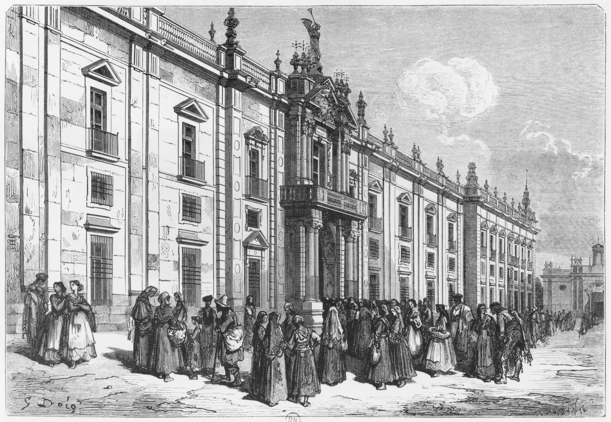 A fábrica de tabaco em Sevilha, gravada por Charles Laplante (d.1903) de Gustave Dore