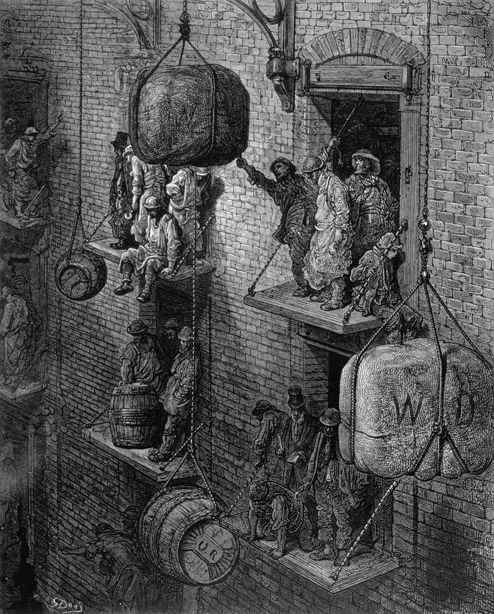 Warehousing in the City, de &39;London, a Peregrinação&39;, escrito por William Blanchard Jerrold (1826-84), gravado por Stephane Pannemaker (1847-1930), pub. 1872 de Gustave Dore