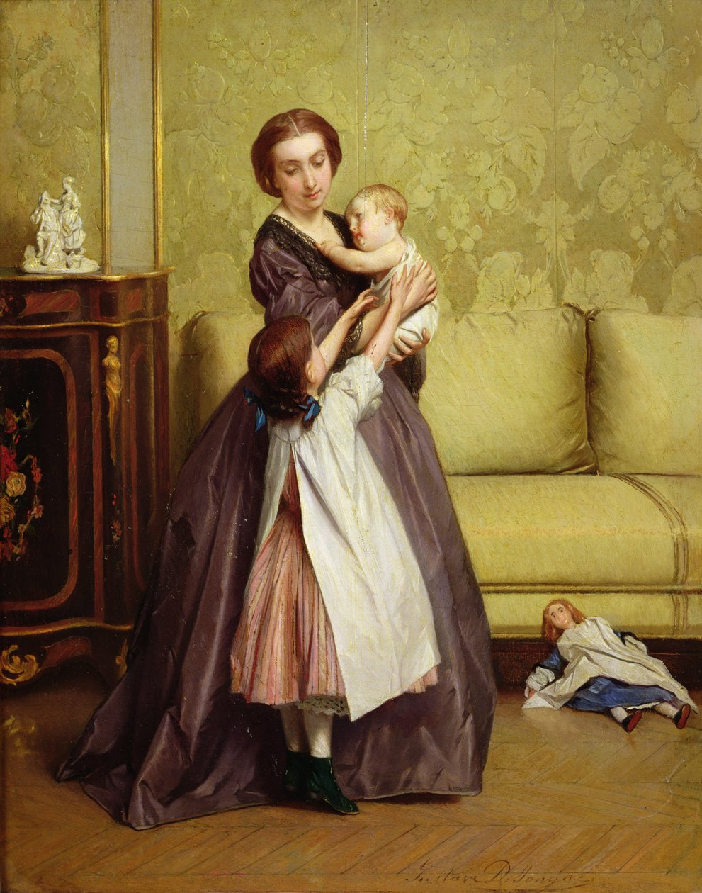 Jovem mãe com seus filhos em um salão de beleza de Gustave Léonard de Jonghe