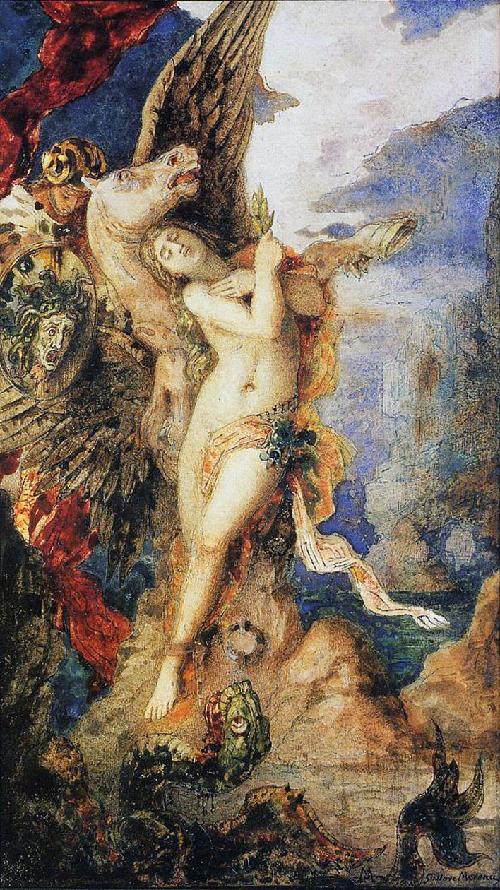 Perseu e Andrômeda, c.1867-69 (wc e caneta no papel) de Gustave Moreau
