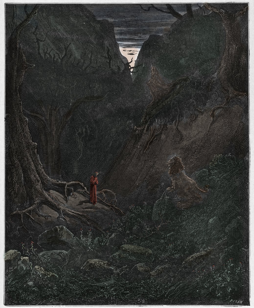Inferno, Canto 1: O leão confronta Dante, ilustração da Divina Comédia de Dante Alighieri, 1885 (gravura digital colorida) de Gustave after Dore
