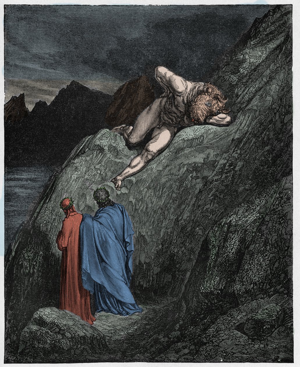 Inferno, Canto 12: O Minotauro (Minotaure) no penhasco quebrado, ilustração da Divina Comédia de Dante Alighieri, 1885 (gravura digital colorida) de Gustave after Dore