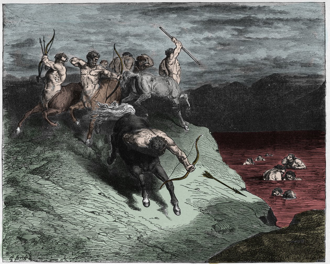Inferno, Canto 12: Os centauros atacam as almas em sangue fervente, ilustração da Divina Comédia de Dante Alighieri, 1885 (gravura digital colorida) de Gustave after Dore