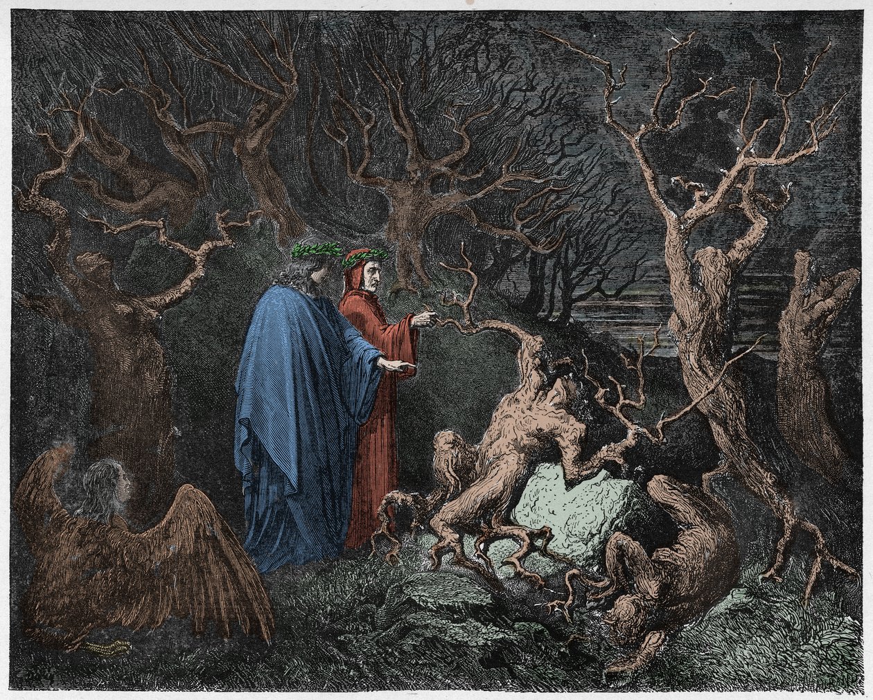 Inferno, Canto 13: Os suicídios na floresta, ilustração da Divina Comédia de Dante Alighieri, 1885 (gravura digital colorida) de Gustave after Dore