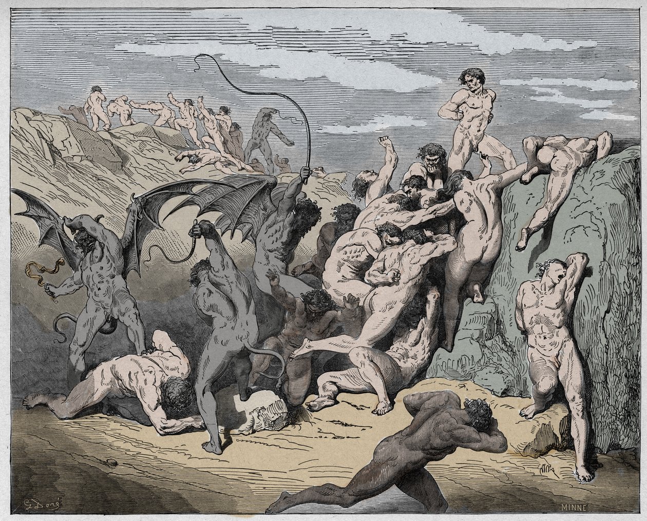 Inferno, Canto 18: Diabos e sedutores, ilustração da Divina Comédia de Dante Alighieri, 1885 (gravura digital colorida) de Gustave after Dore