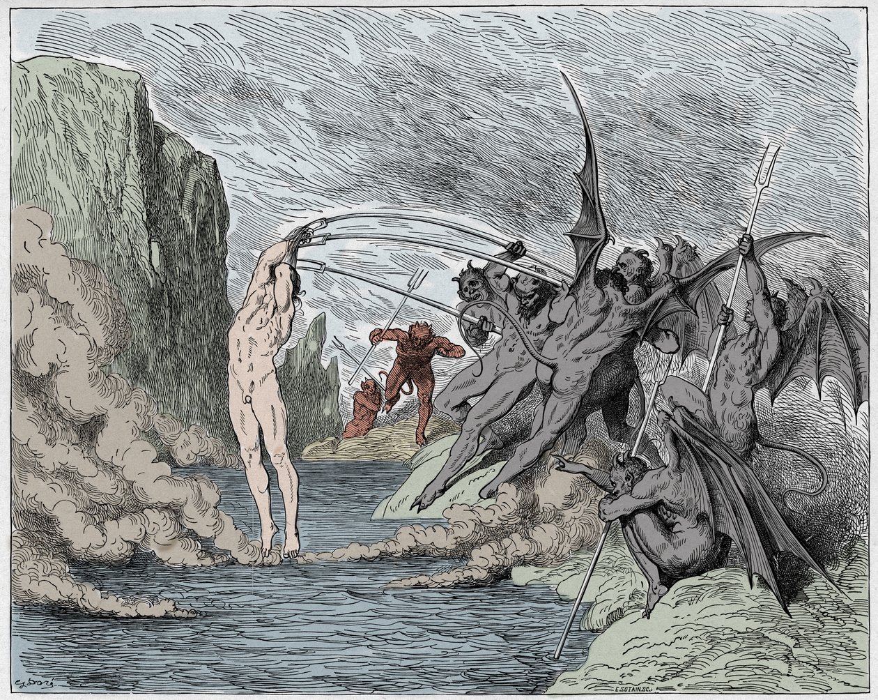 Inferno, Canto 21: Diabos atormentam os barradores, ilustração da Divina Comédia de Dante Alighieri, 1885 (gravura digital colorida) de Gustave after Dore