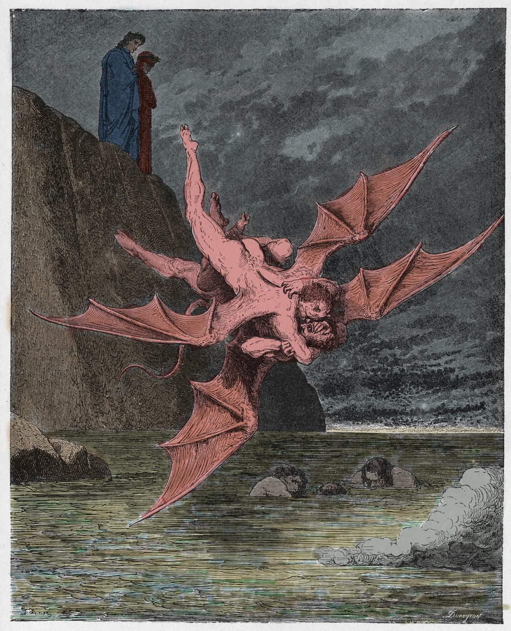 Inferno, Canto 22: Alichino e Calcabrina acima do campo, ilustração da Divina Comédia de Dante Alighieri, 1885 (gravura digital colorida) de Gustave after Dore