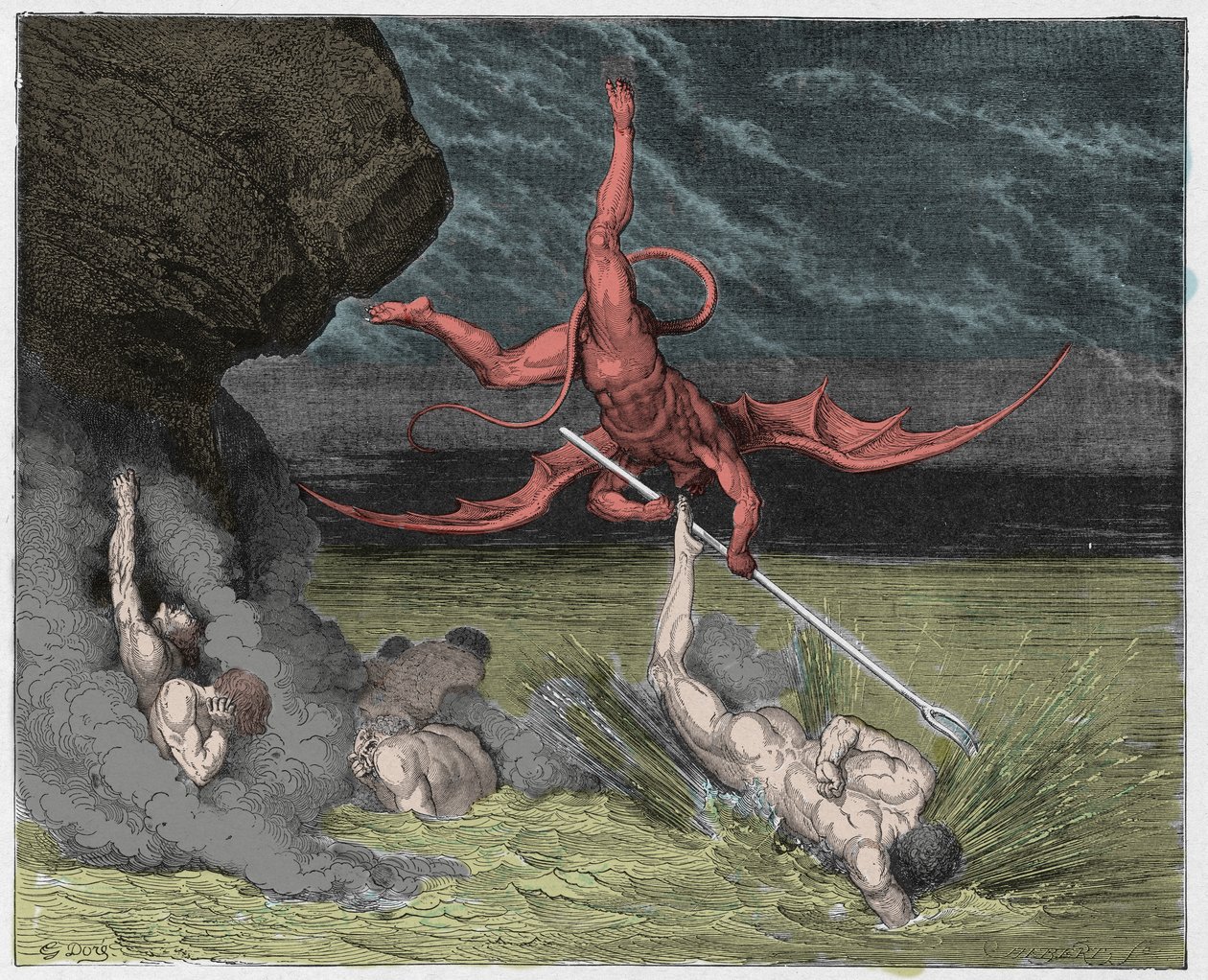 Inferno, Canto 22: Ciampolo escapa do demônio Alichino na quinta bolgia, ilustração da Divina Comédia de Dante Alighieri, 1885 (gravura digital colorida) de Gustave after Dore