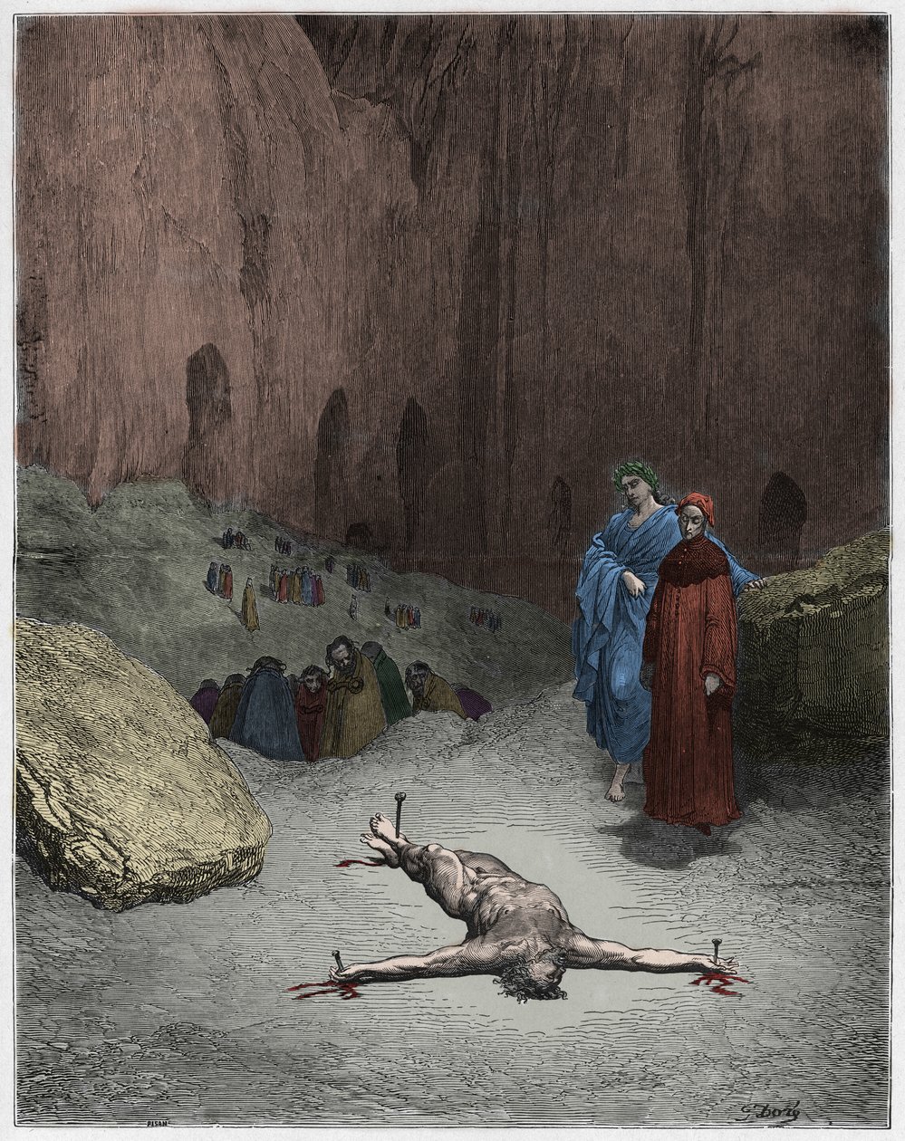 Inferno, Canto 23: Um fariseu crucificado entre os hipócritas, ilustração da Divina Comédia de Dante Alighieri, 1885 (gravura digital colorida) de Gustave after Dore