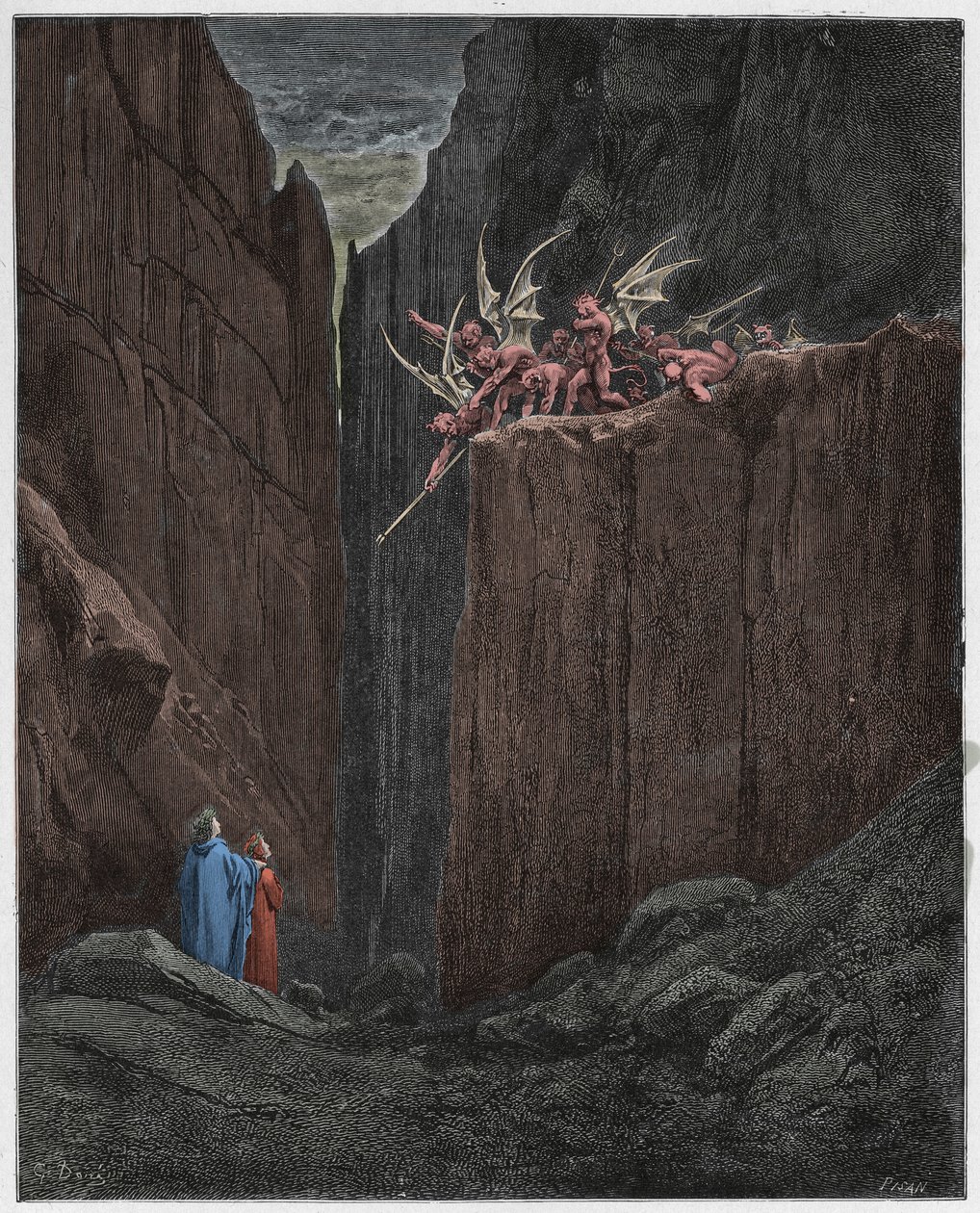 Inferno, Canto 23: Os poetas escapam aos demônios da quinta bolgia, ilustração da Divina Comédia de Dante Alighieri, 1885 (gravura digital colorida) de Gustave after Dore