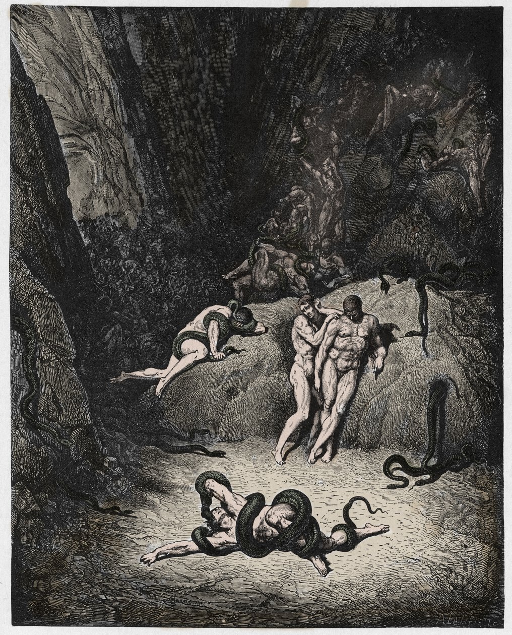 Inferno, Canto 25: Agnello transformando-se em serpente, ilustração da Divina Comédia de Dante Alighieri, 1885 (gravura digital colorida) de Gustave after Dore