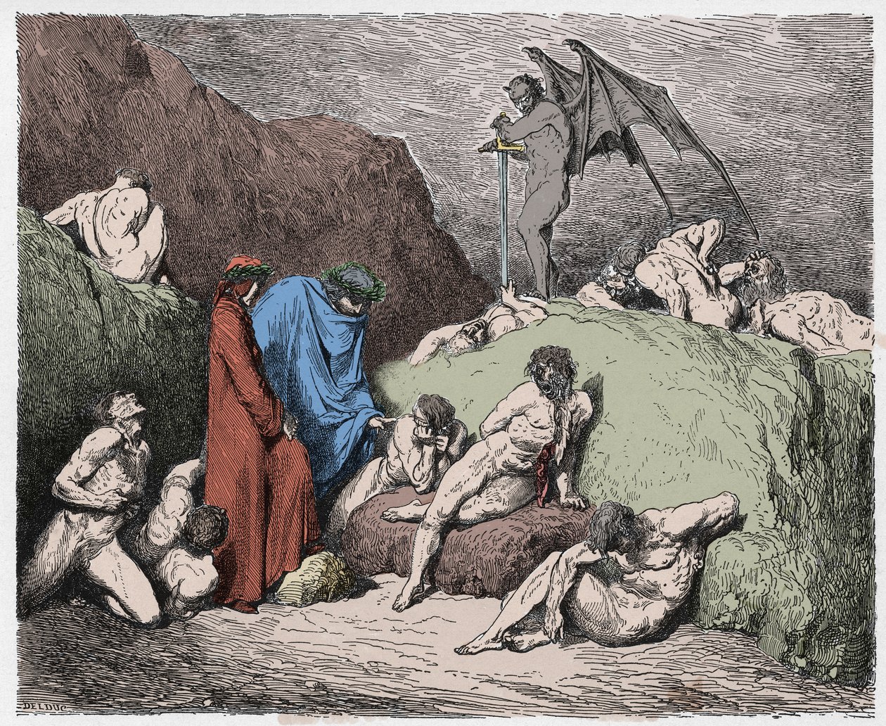 Inferno, Canto 28: Semeadores de discórdia mutilados na nona bolgia, ilustração da Divina Comédia de Dante Alighieri, 1885 (gravura digital colorida) de Gustave after Dore