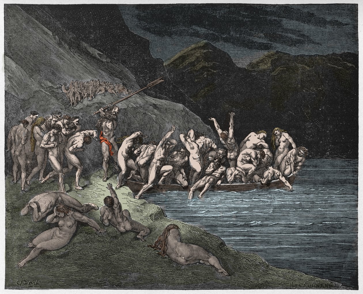 Inferno, Canto 3: As almas condenadas a embarcar no Acheron, ilustração da Divina Comédia de Dante Alighieri, 1885 (gravura digital colorida) de Gustave after Dore