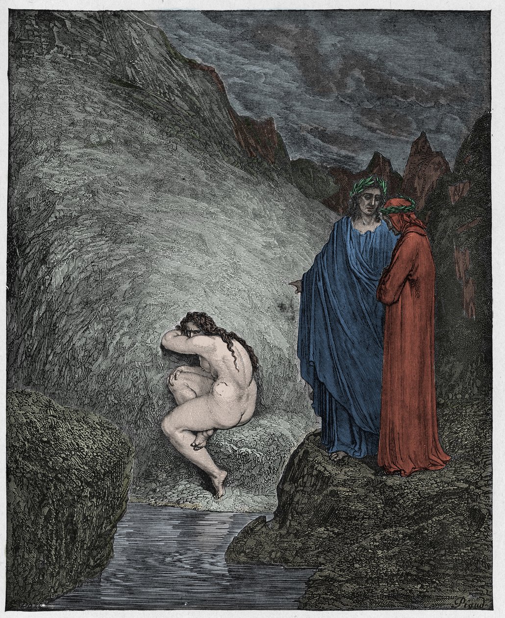Inferno, Canto 30: Myrrha, condenado por incesto, ilustração da Divina Comédia de Dante Alighieri, 1885 (gravura digital colorida) de Gustave after Dore