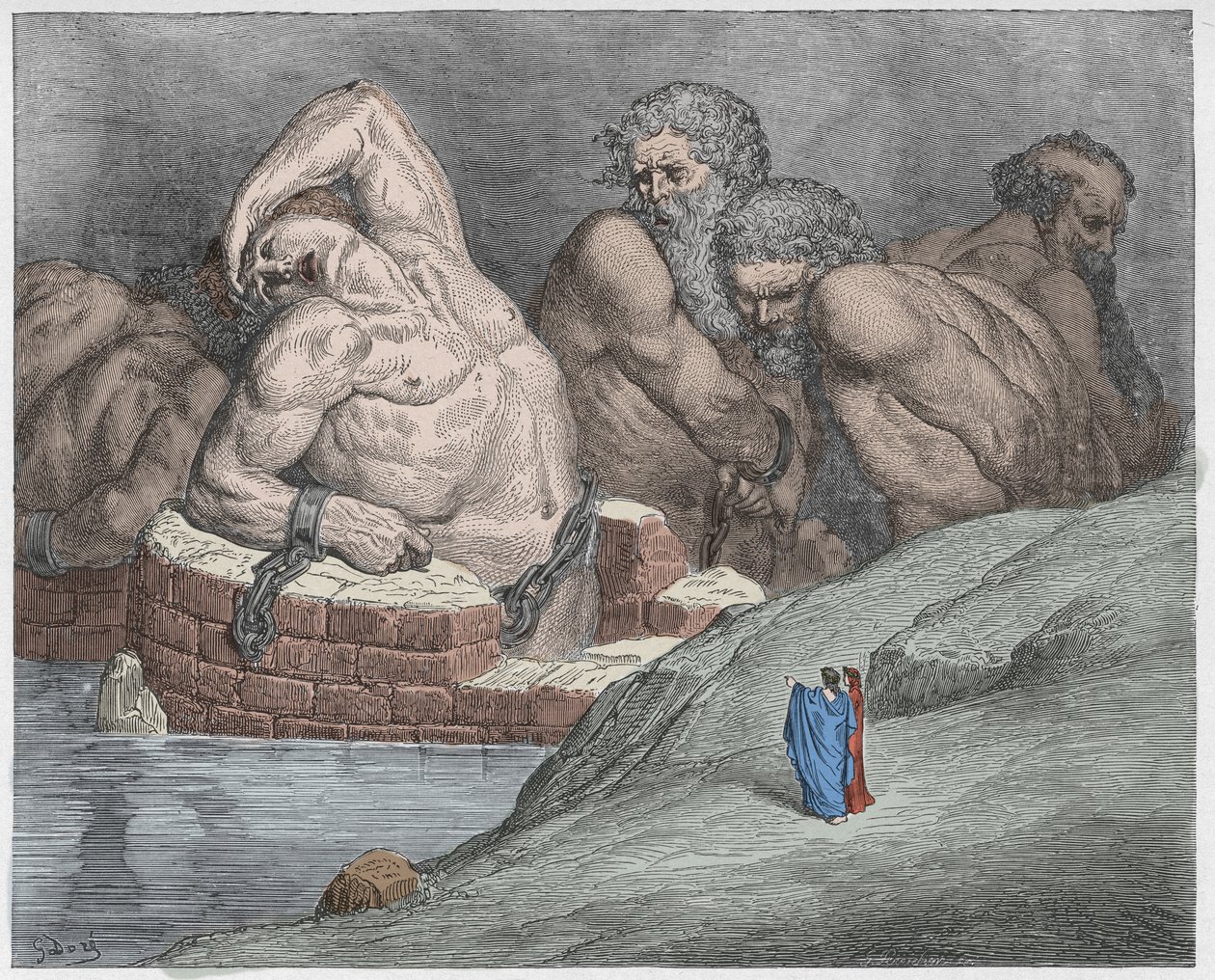 Inferno, Canto 31: Efialtes (Ephialte) em algemas entre os gigantes, ilustração da Divina Comédia de Dante Alighieri, 1885 (gravura digital colorida) de Gustave after Dore