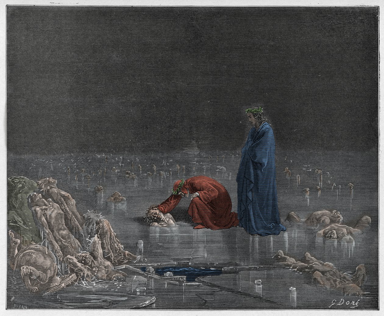 Inferno, Canto 32: Dante aborda o traidor Bocca degli Abati, ilustração da Divina Comédia de Dante Alighieri, 1885 (gravura digital colorida) de Gustave after Dore