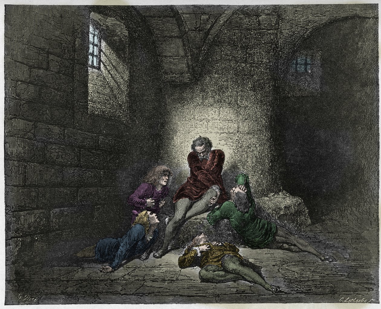 Inferno, Canto 33: Ugolino (Ugolin della Gherardesca) e seus filhos imured e morrendo de fome, ilustração da Divina Comédia por Dante Alighieri, 1885 (gravura digital colorida) de Gustave after Dore