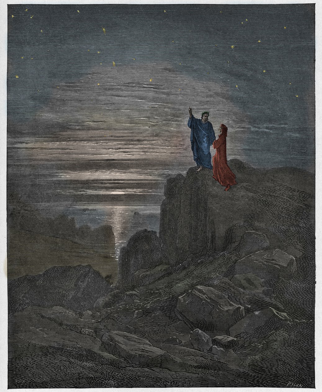 Inferno, Canto 34: Os poetas emergem do inferno, ilustração da Divina Comédia de Dante Alighieri, 1885 (gravura digital colorida) de Gustave after Dore