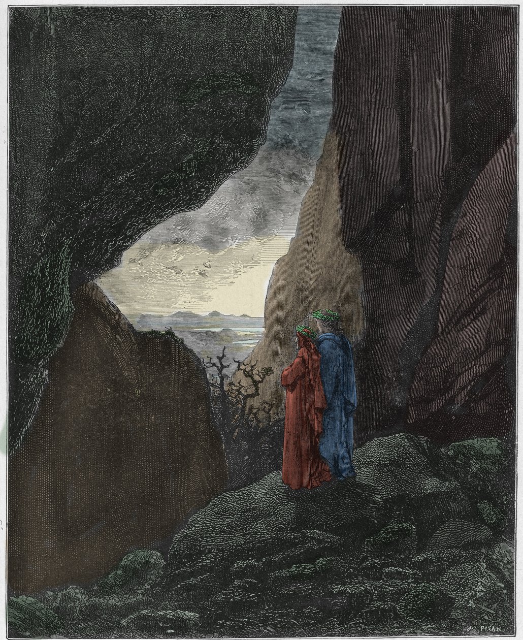 Inferno, Canto 34: Virgílio e Dante ascendem ao mundo superior, ilustração da Divina Comédia de Dante Alighieri, 1885 (gravura digital colorida) de Gustave after Dore
