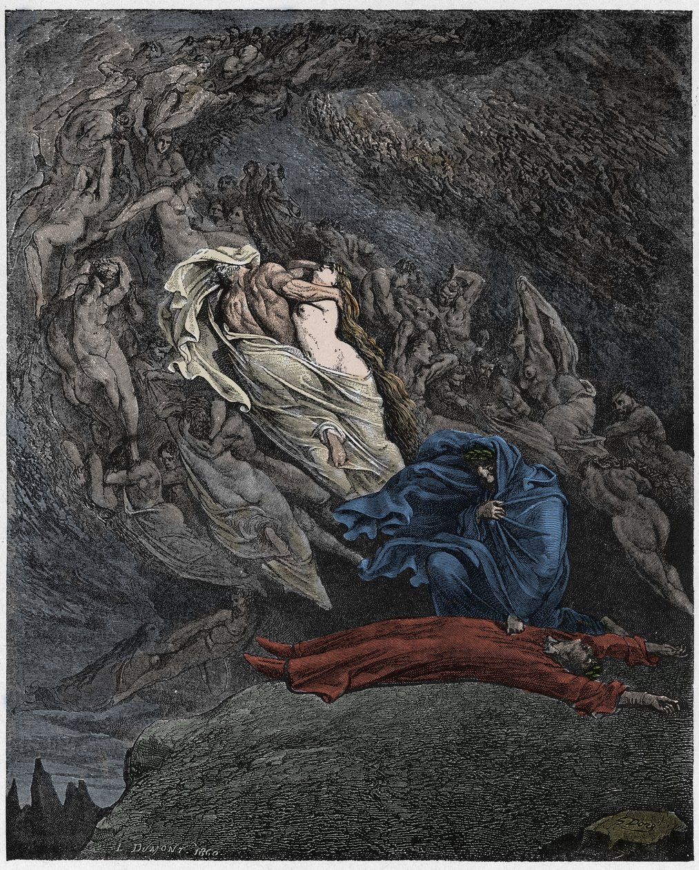 Inferno, Canto 5: Francesca Da Rimini descreve sua morte, ilustração da Divina Comédia de Dante Alighieri, 1885 (gravura digital colorida) de Gustave after Dore