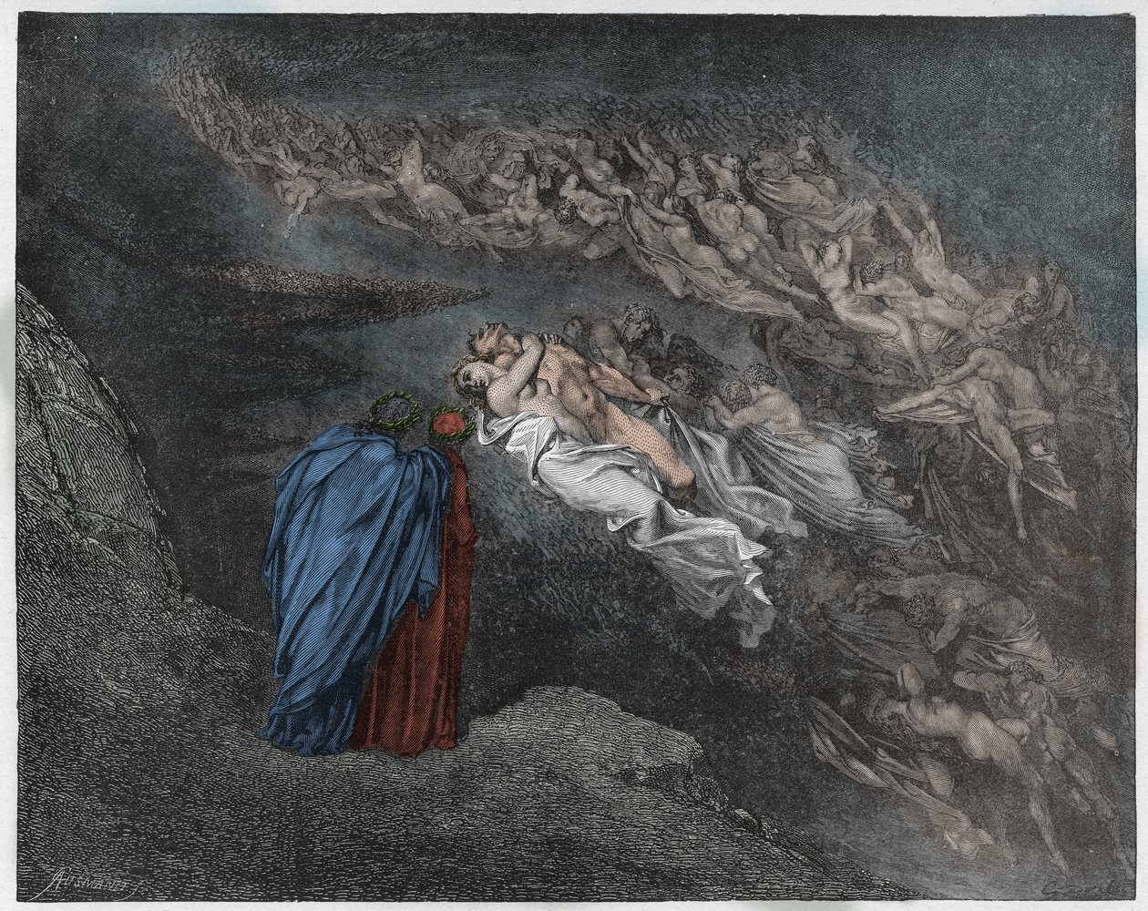 Inferno, Canto 5: A alma de Francesca Da Rimini fala com Dante, ilustração da Divina Comédia de Dante Alighieri, 1885 (gravura digital colorida) de Gustave after Dore