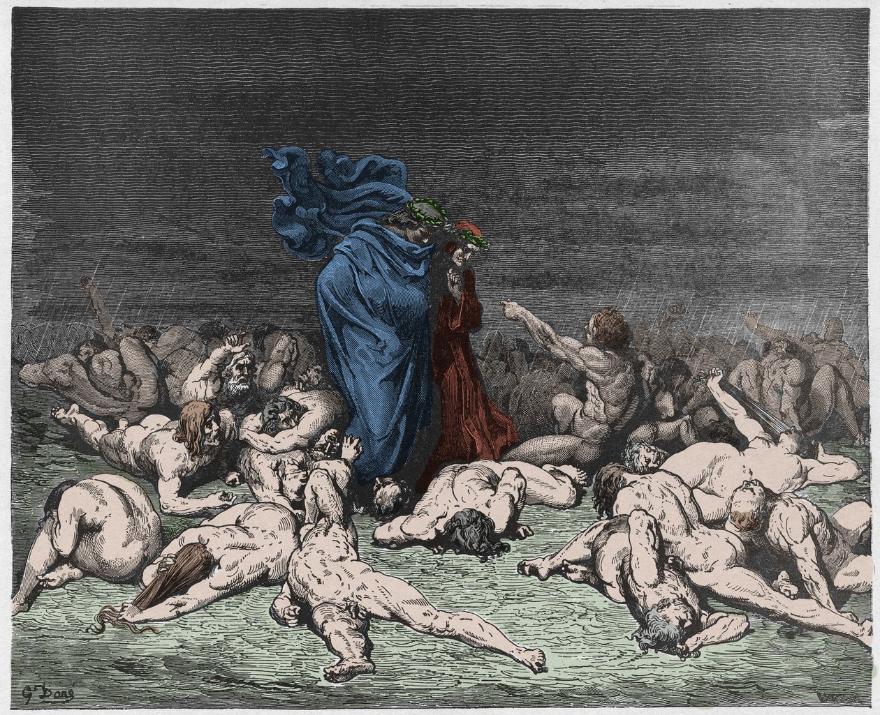 Inferno, Canto 6: Os glutões golpeados pela chuva eterna, ilustração da Divina Comédia de Dante Alighieri, 1885 (gravura digital colorida) de Gustave after Dore