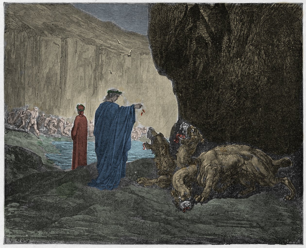 Inferno, Canto 6: Virgil alimenta Cerberus (Cerbere) no terceiro círculo, ilustração da Divina Comédia de Dante Alighieri, 1885 (gravura digital colorida) de Gustave after Dore