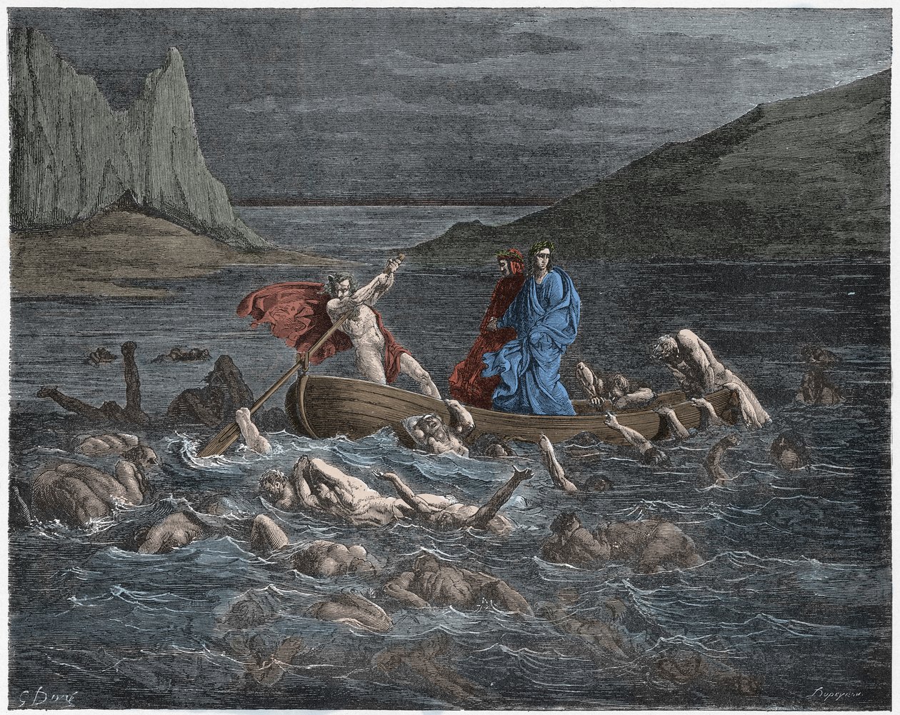 Inferno, Canto 8: Phlegyas (Phlegias) ferries Dante e Virgil através do Styx, ilustração da Divina Comédia por Dante Alighieri, 1885 (gravura digital colorida) de Gustave after Dore