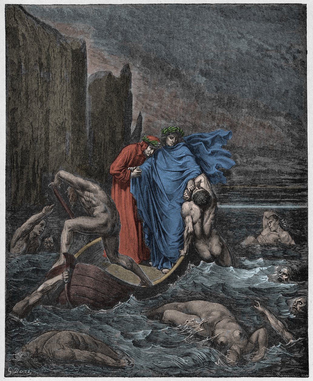 Inferno, Canto 8: A alma do florentino Philippo Argenti (Filippo Argenti) aborda os poetas no Styx, ilustração da Divina Comédia de Dante Alighieri, 1885 (gravura digital colorida de Gustave after Dore