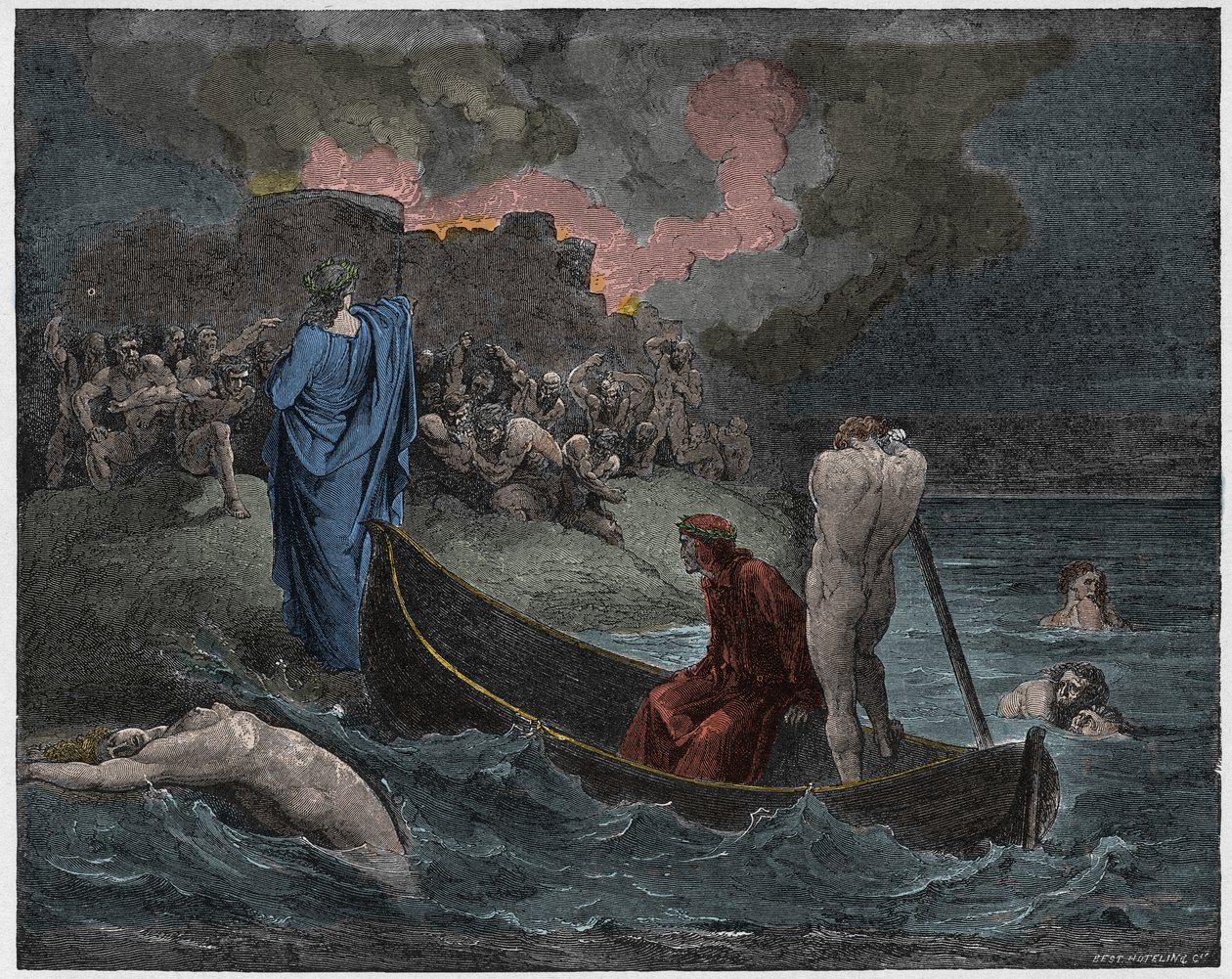 Inferno, Canto 8: Virgil e Dante desembarcam na cidadela de Dis (Dite), ilustração da Divina Comédia de Dante Alighieri, 1885 (gravura digital colorida) de Gustave after Dore