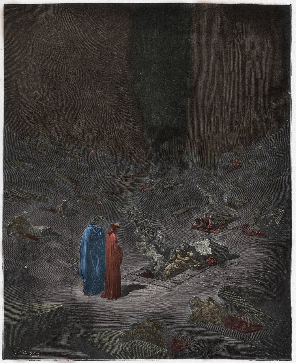 Inferno, Canto 9: Os sepulcros ardentes dos heresiarcas, ilustração da Divina Comédia de Dante Alighieri, 1885 (gravura digital colorida) de Gustave after Dore