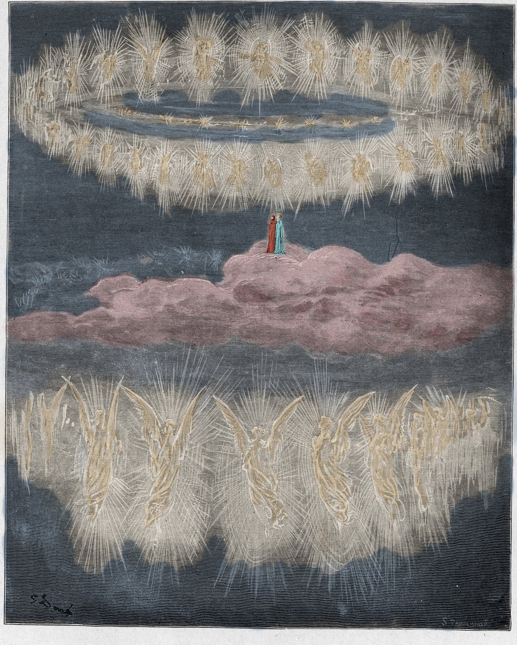 Paradiso, Canto 12: Os anéis das almas glorificadas ao sol, ilustração da Divina Comédia de Dante Alighieri, 1885 (gravura digital colorida) de Gustave after Dore