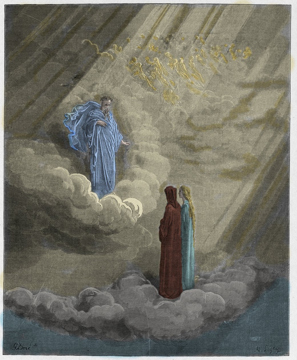 Paradiso, Canto 16: A alma de Caddiaguida fala de Florença, ilustração da Divina Comédia de Dante Alighieri, 1885 (gravura digital colorida) de Gustave after Dore