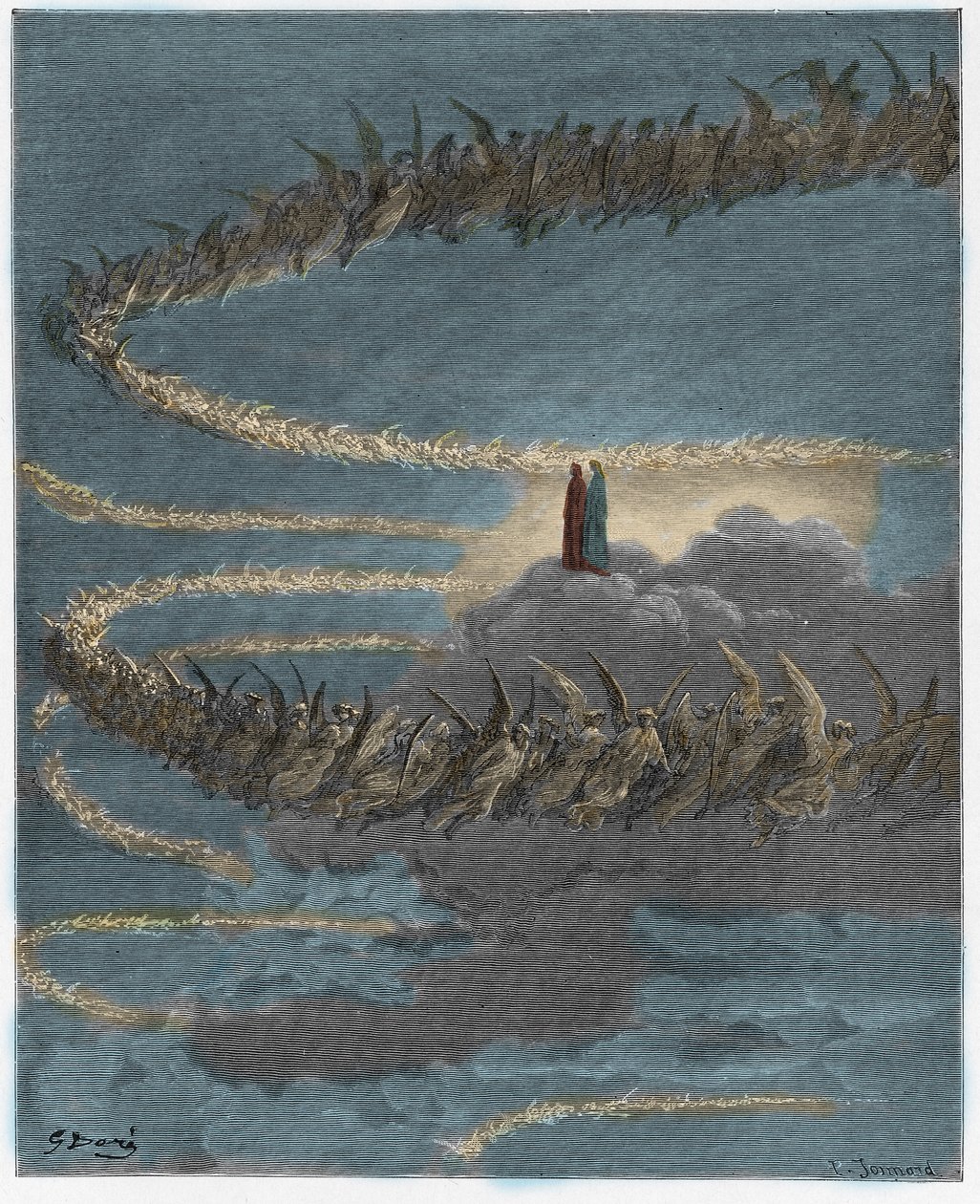 Paradiso, Canto 18: Na esfera de Júpiter, as almas abençoadas circulam para formar cartas, ilustração da Divina Comédia de Dante Alighieri, 1885 (gravura digital colorida) de Gustave after Dore