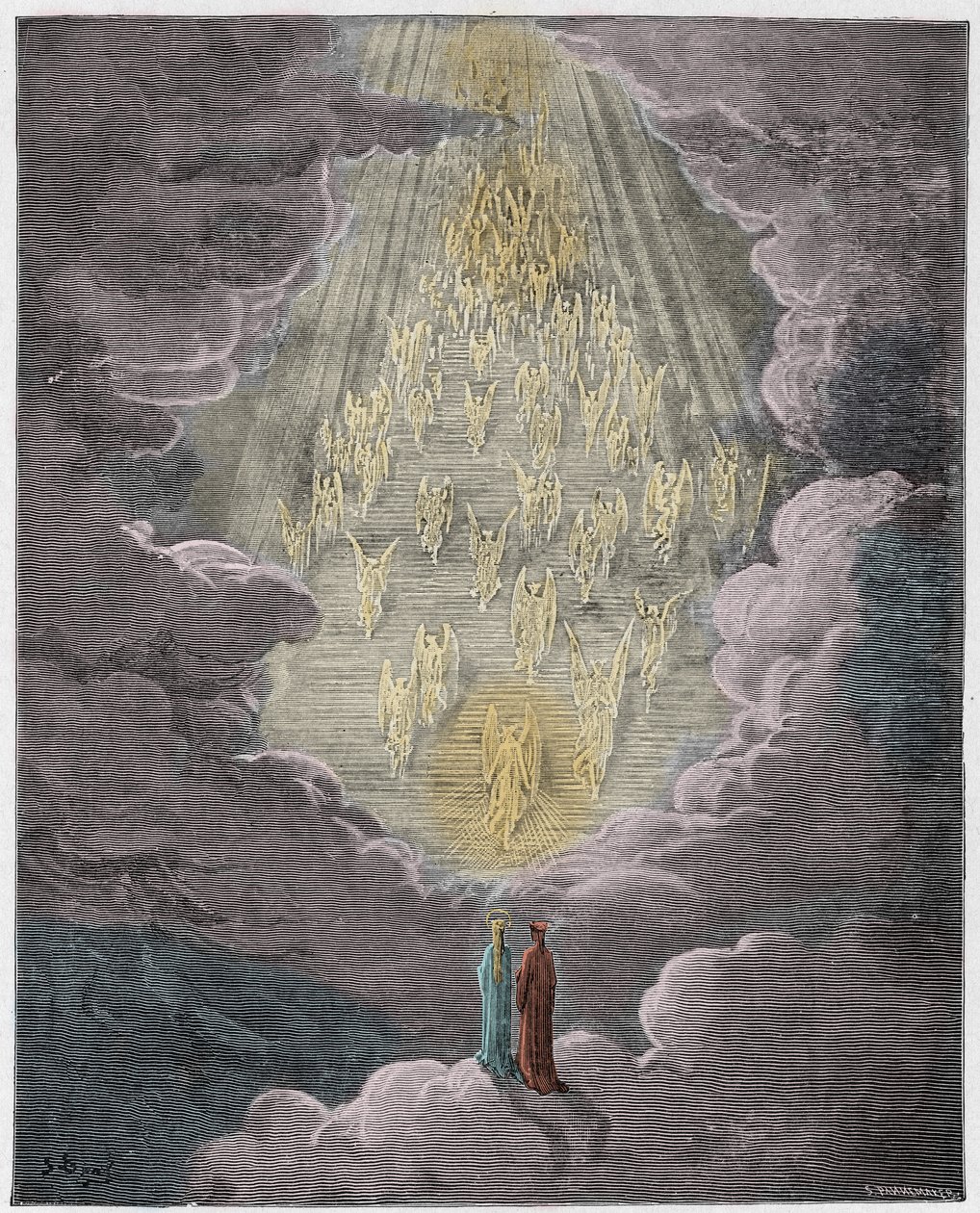 Paradiso, Canto 21: Beatrice e Dante na esfera de Saturno, ilustração da divina comédia por Dante Alighieri, 1885 (gravura digital colorida) de Gustave after Dore