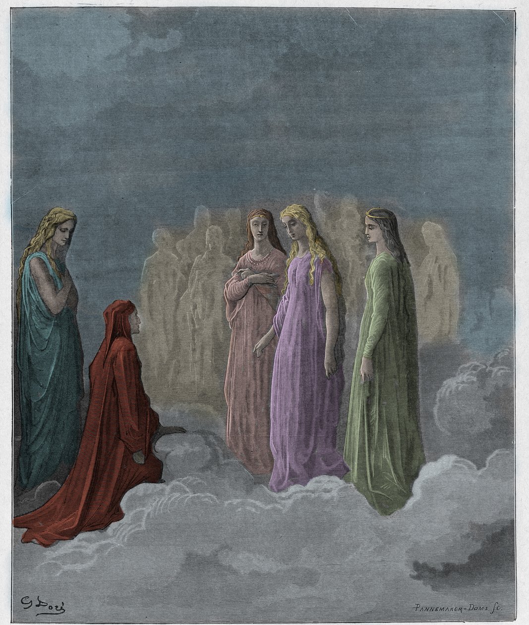 Paradiso, Canto 3: O primeiro reino: Piccarda Donati e as almas cujos votos foram quebrados, ilustração da Divina Comédia de Dante Alighieri, 1885 (gravura digital colorida) de Gustave after Dore