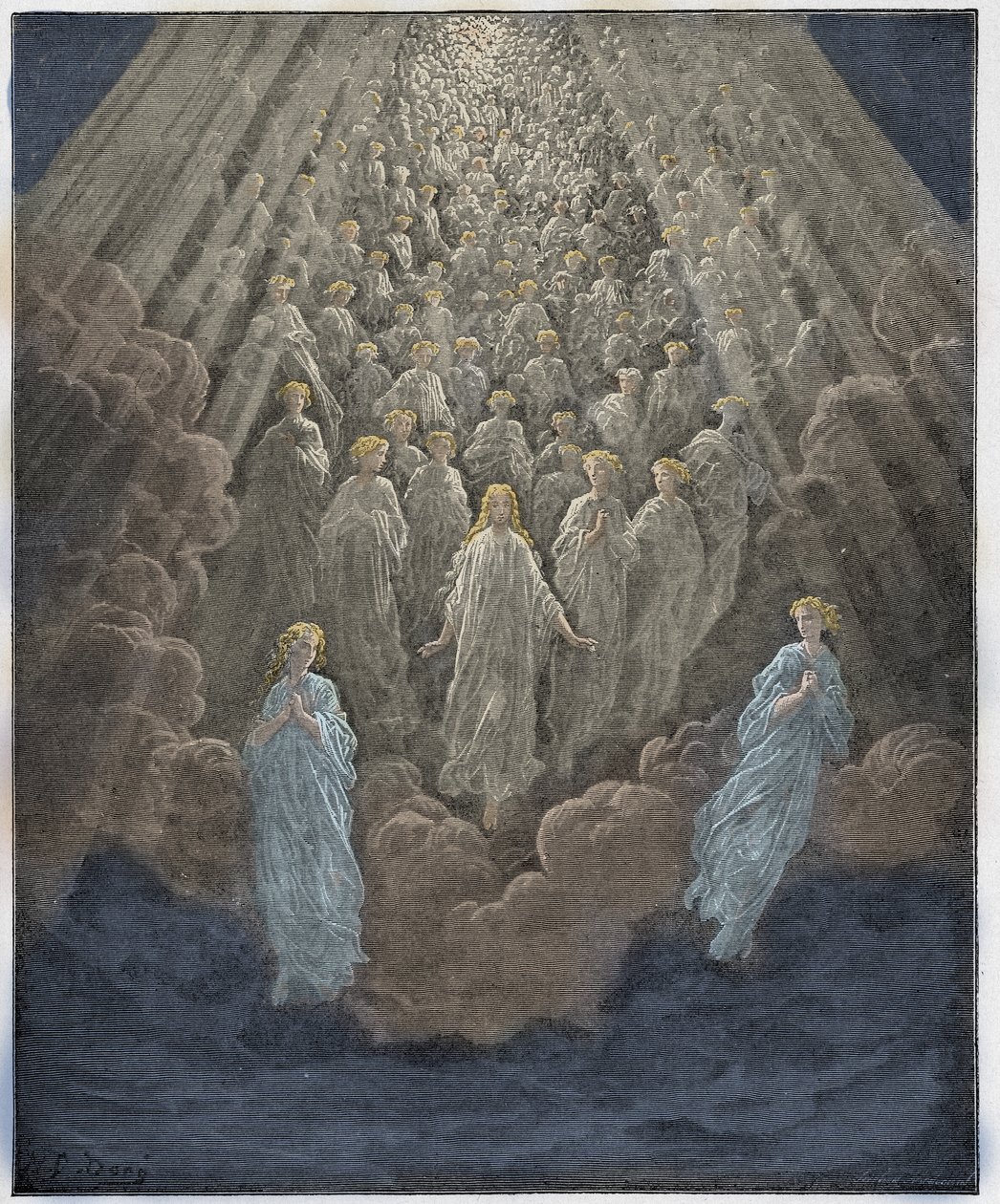 Paradiso, Canto 5: O anfitrião da miríade de almas brilhantes no segundo reino, ilustração da Divina Comédia de Dante Alighieri, 1885 (gravura digital colorida) de Gustave after Dore