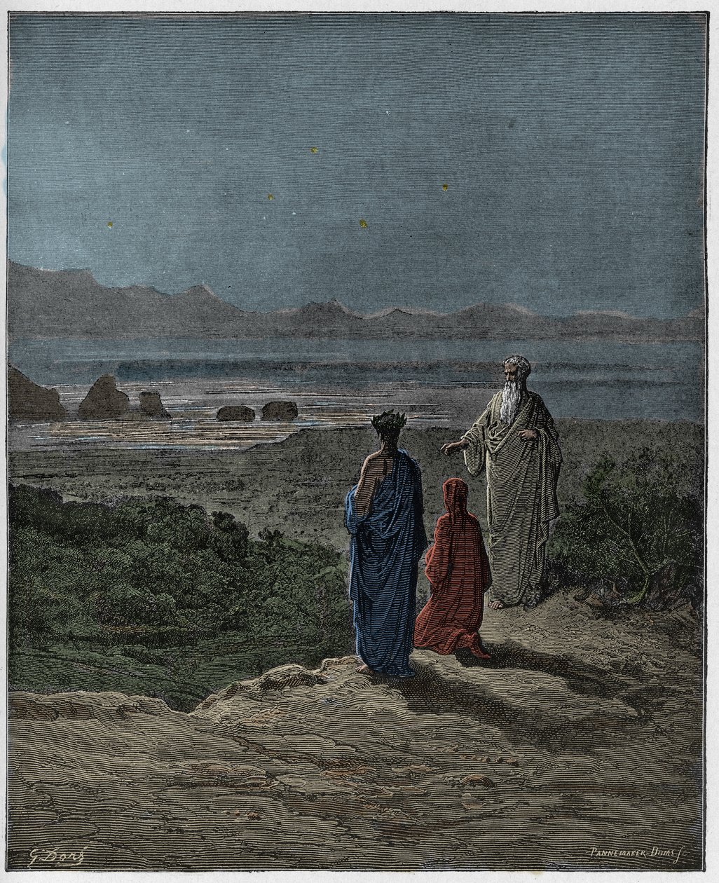 Purgatório, Canto 1: Dante se ajoelha diante de Estácio (Stace), ilustração da Divina Comédia de Dante Alighieri, 1885 (gravura digital colorida) de Gustave after Dore