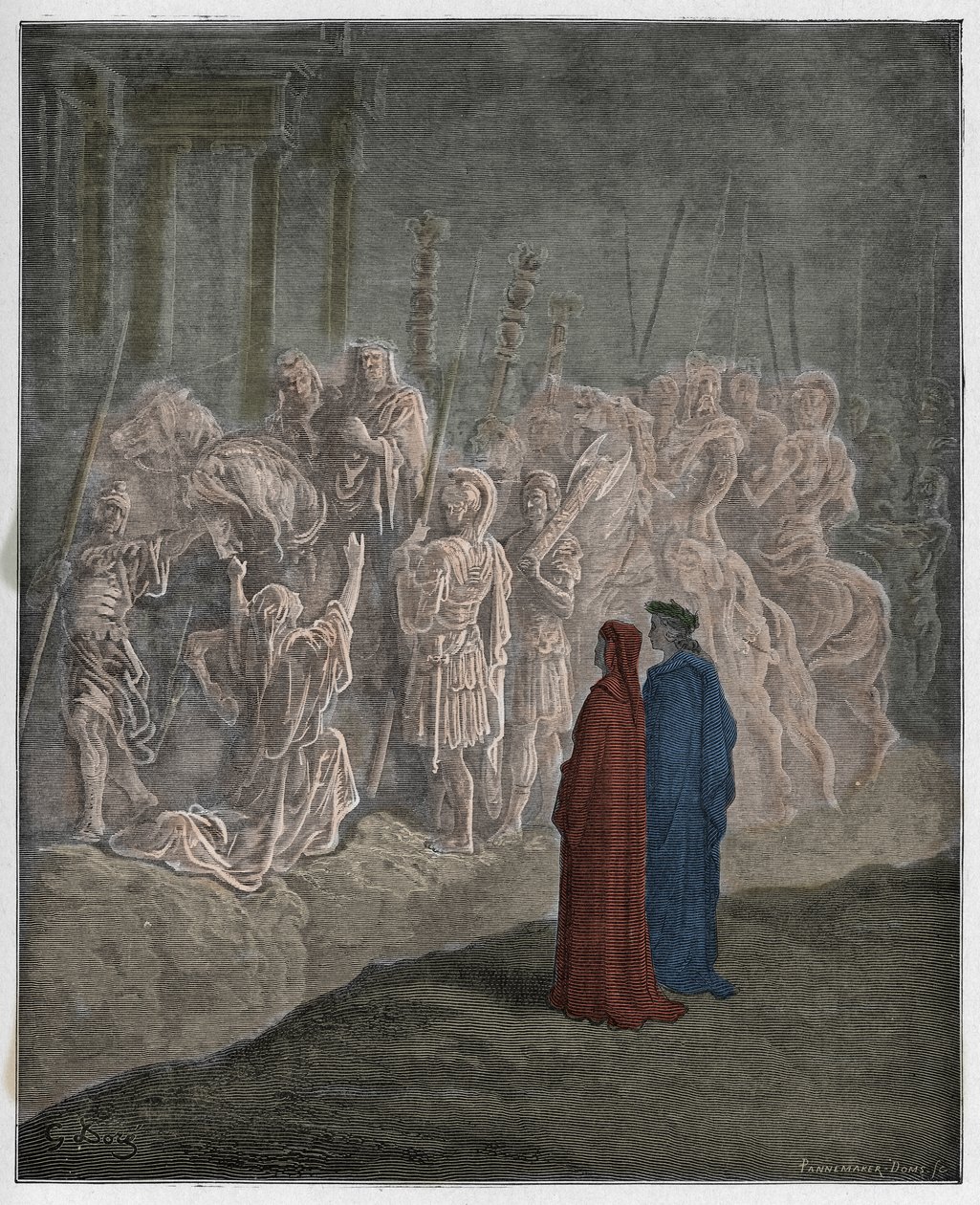Purgatorio, Canto 10: As esculturas de mármore retratando o orgulho, ilustração da Divina Comédia de Dante Alighieri, 1885 (gravura digital colorida) de Gustave after Dore