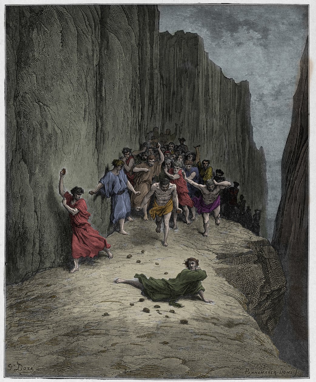 Purgatorio, Canto 15: Dantes visão do apedrejamento de Estêvão (santo Etienne), ilustração da Divina Comédia de Dante Alighieri, 1885 (gravura digital colorida) de Gustave after Dore