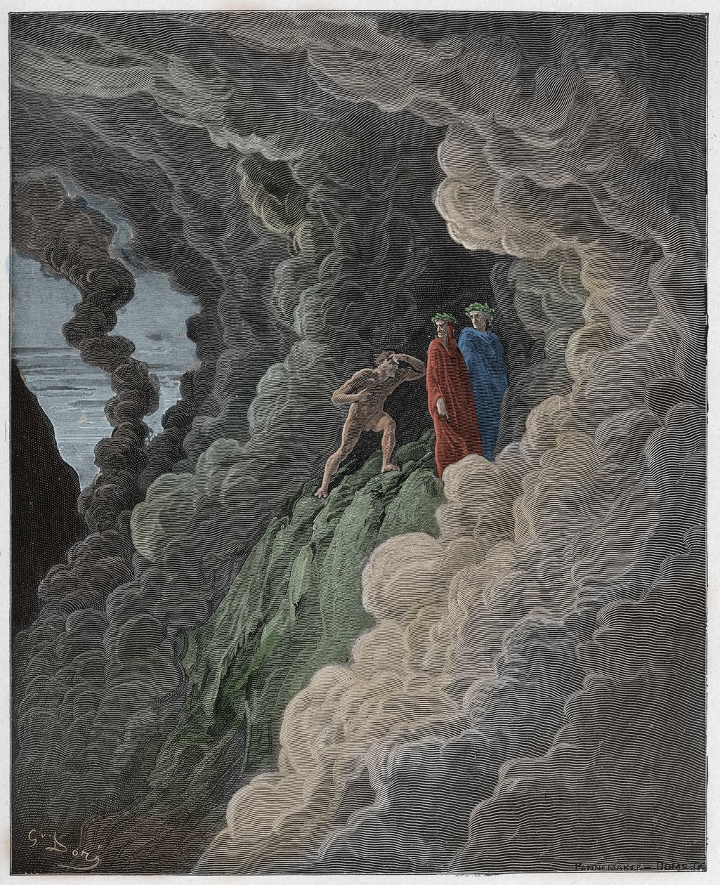 Purgatorio, Canto 16: Marco Lombardo segue os poetas através da fumaça, ilustração da Divina Comédia de Dante Alighieri, 1885 (gravura digital colorida) de Gustave after Dore