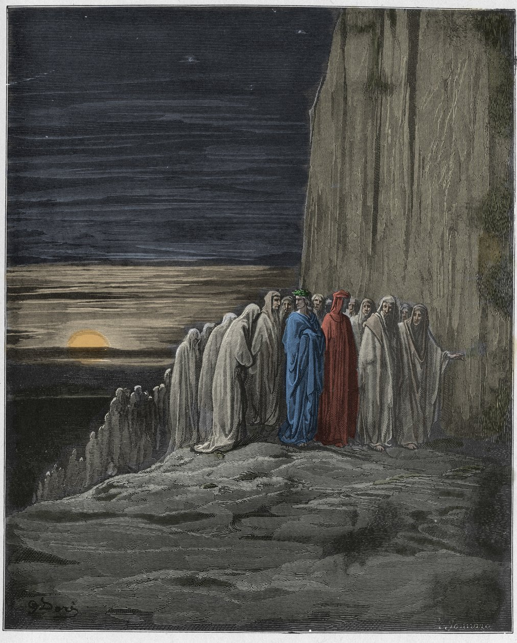Purgatorio, Canto 18: A multidão da preguiça, ilustração da Divina Comédia de Dante Alighieri, 1885 (gravura digital colorida) de Gustave after Dore