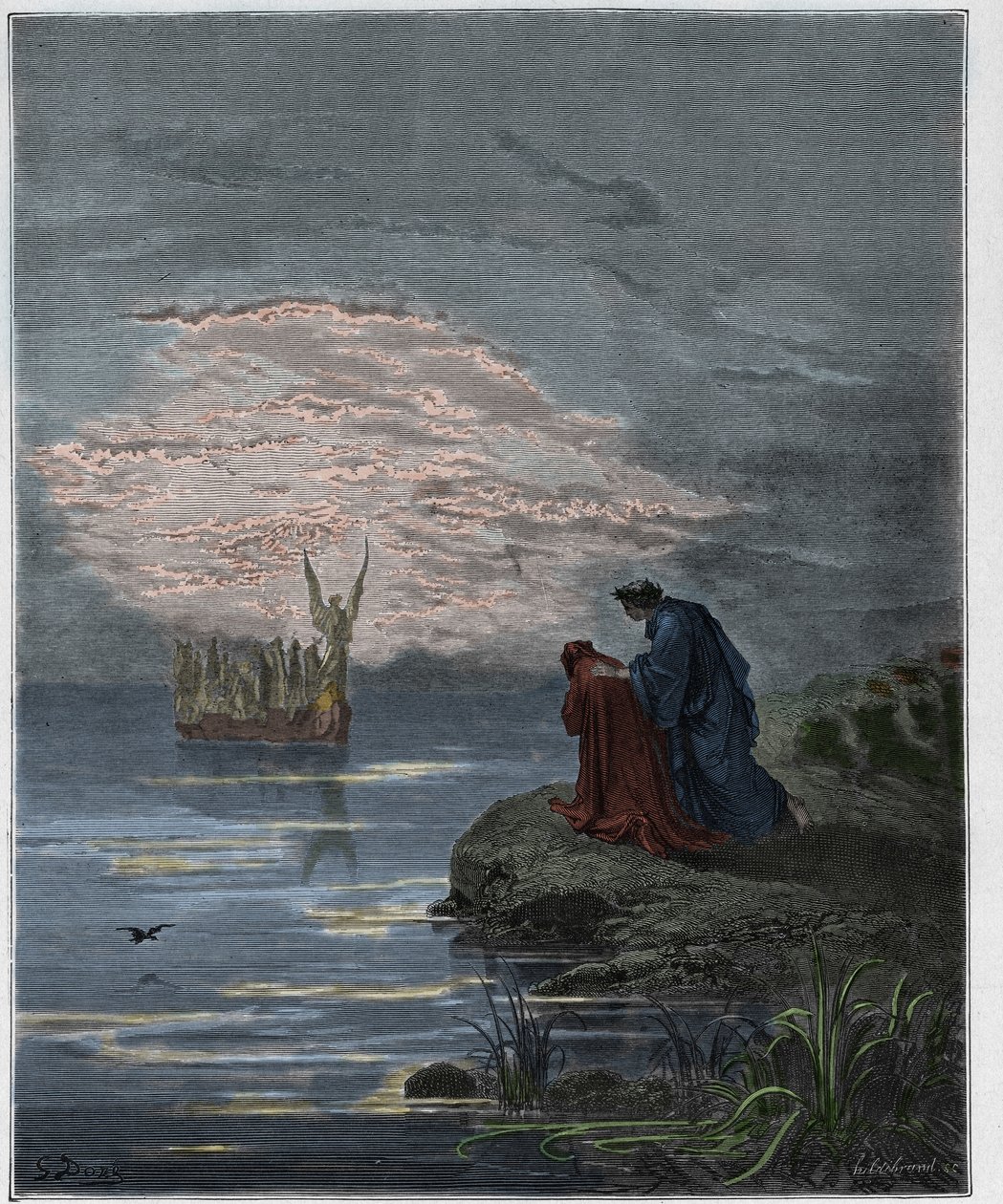 Purgatorio, Canto 2: Dante se curva diante do anjo-piloto, ilustração da Divina Comédia de Dante Alighieri, 1885 (gravura digital colorida) de Gustave after Dore