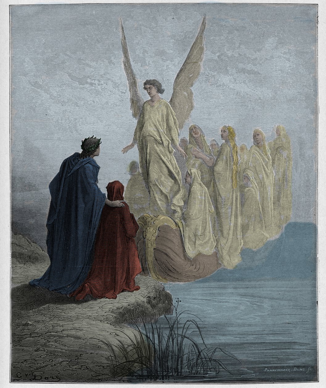 Purgatorio, Canto 2: O piloto celestial pousa o barco, ilustração da Divina Comédia de Dante Alighieri, 1885 (gravura digital colorida) de Gustave after Dore