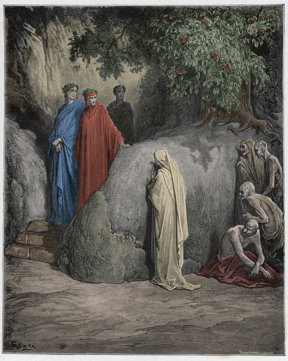 Purgatório, Canto 23: Dante reconhece a sombra de Forese Donati entre os glutões, ilustração da Divina Comédia de Dante Alighieri, 1885 (gravura digital colorida) de Gustave after Dore
