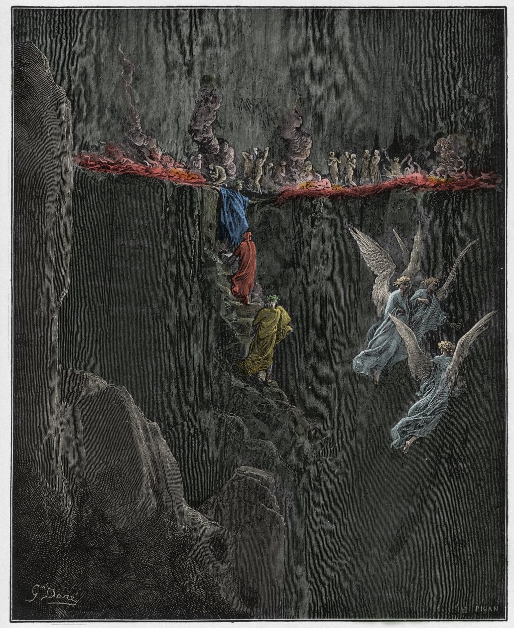 Purgatório, Canto 25: Virgílio e Dante ascendem ao sétimo círculo através das chamas, ilustração da Divina Comédia de Dante Alighieri, 1885 (gravura digital colorida) de Gustave after Dore