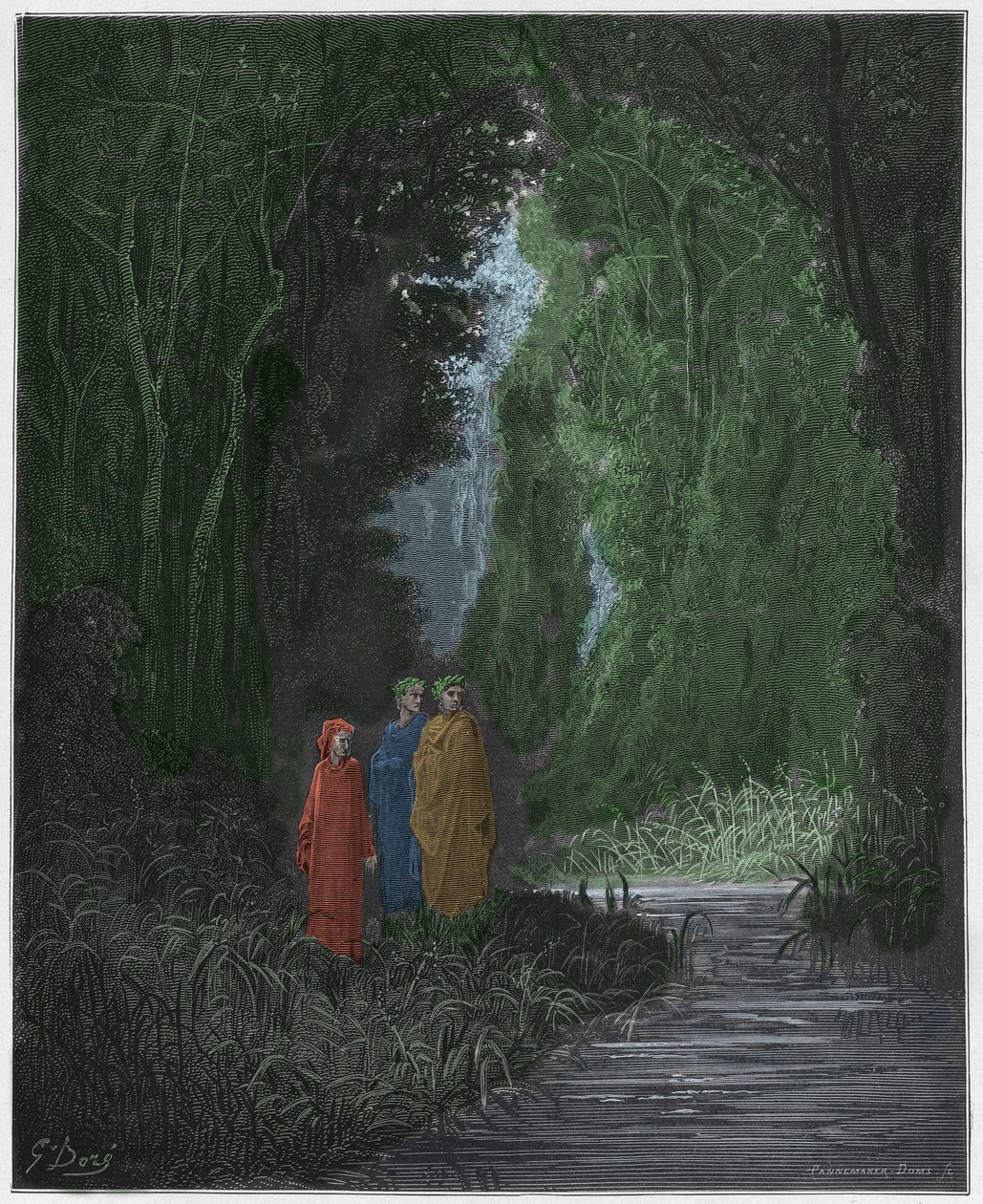 Purgatório, Canto 28: Dante, Virgílio e Estácio (Stace) na antiga floresta do paraíso terrestre, ilustração da Divina Comédia de Dante Alighieri, 1885 (gravura digital colorida) de Gustave after Dore