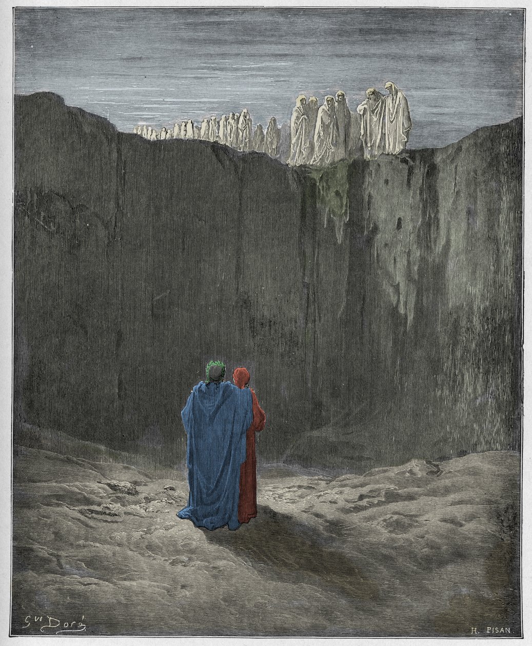 Purgatorio, Canto 3: A companhia das almas sobre o penhasco, ilustração da Divina Comédia de Dante Alighieri, 1885 (gravura digital colorida) de Gustave after Dore
