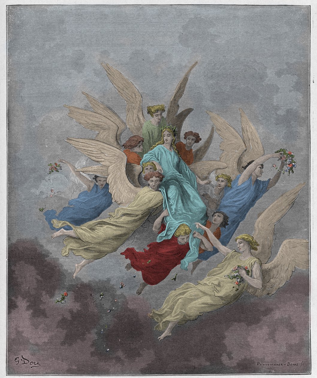 Purgatorio, Canto 30: Beatrice entre os anjos, ilustração da Divina Comédia de Dante Alighieri, 1885 (gravura digital colorida) de Gustave after Dore